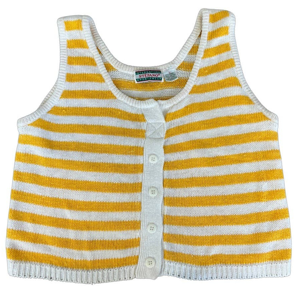 Vintage Stefano Cropped Yellow Stripe Button Sweater Tank Shirt 90's Y2K Large